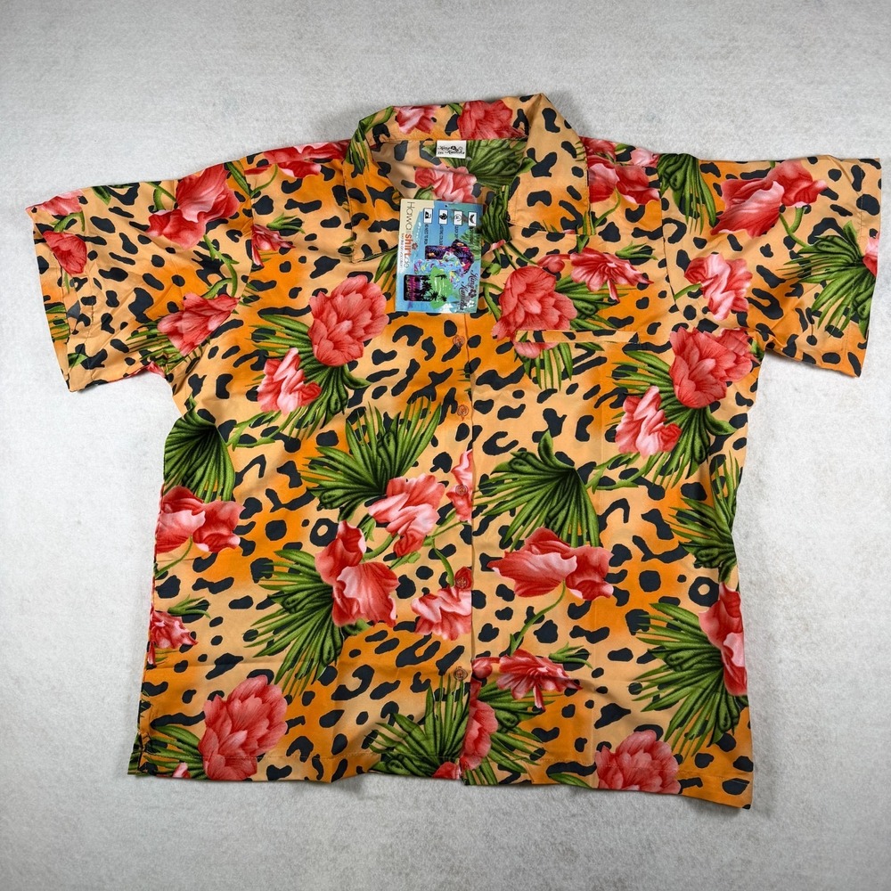 King Kameha Hawaiian Shirt 2XL Orange Leopard Floral Tropical Hibiscus India NWT